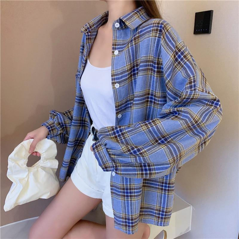 Kariertes Hemd Damen Herbst Langarm Top Weiblich Vintage Mode Einreiher Bluse Damen Preppy Style Lose Karierte Hemden