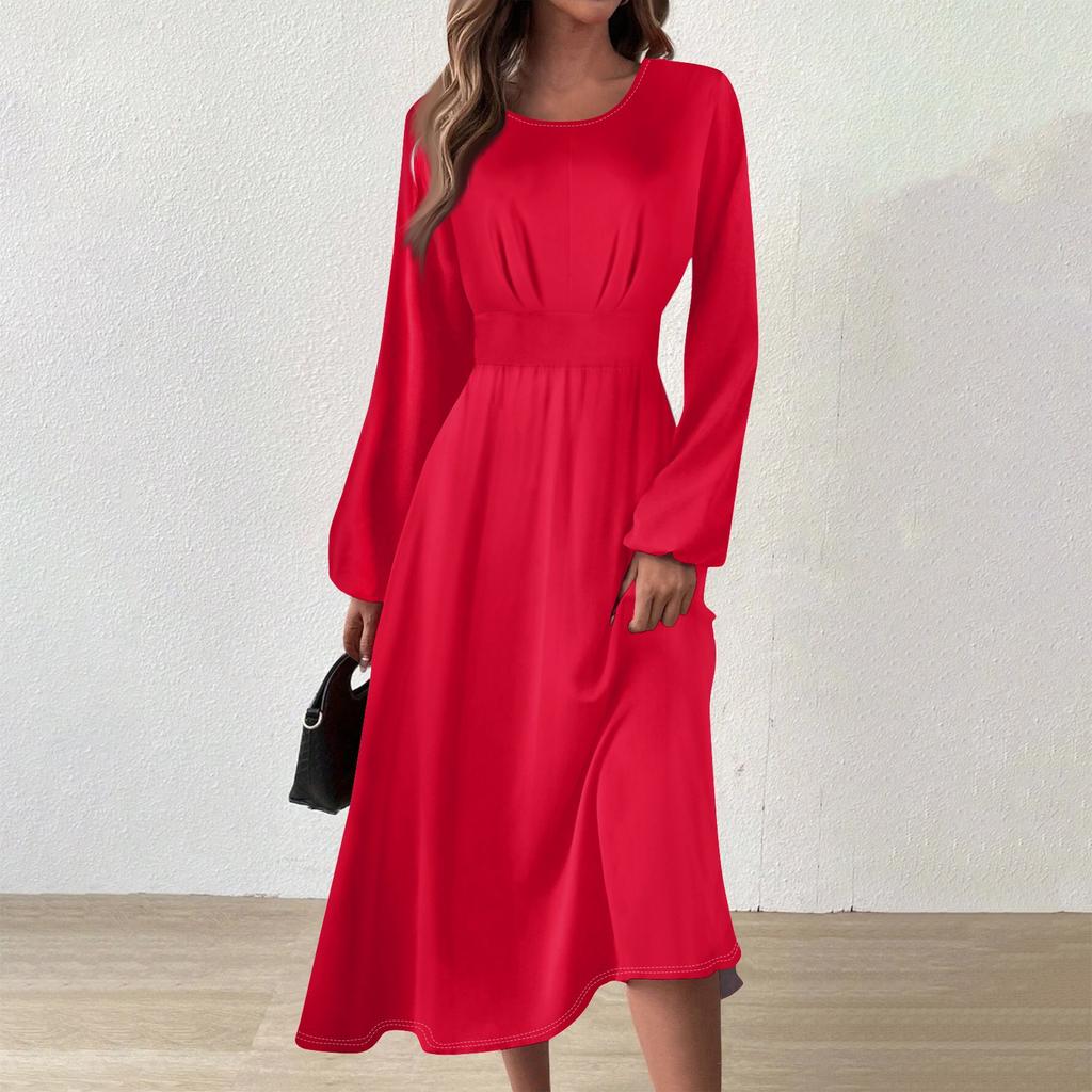 Women's And Winter Casual Fashion Round Neck Long Sleeve Color Long Dress