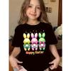 European Sizes Girls' Easter Bunny & "Happy Easter" Print Short Sleeve Tee - Summer Casual Round Neck Top Suitable for Easter Egg Hunts,