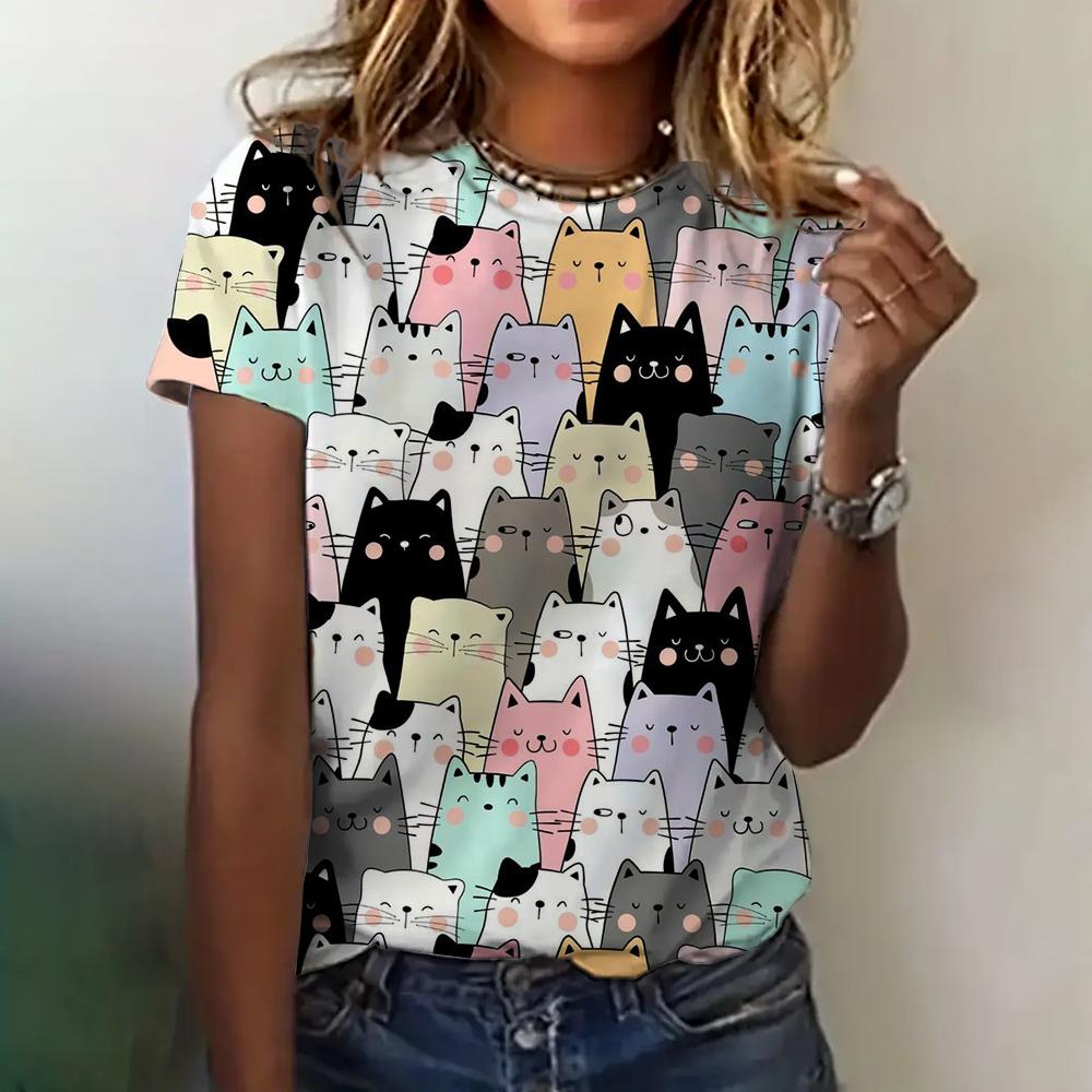T-shirt pour femme imprimé chat 3D, vêtements d'été, col rond, mode, manches courtes, élégant, décontracté, ample, vêtements pour femmes