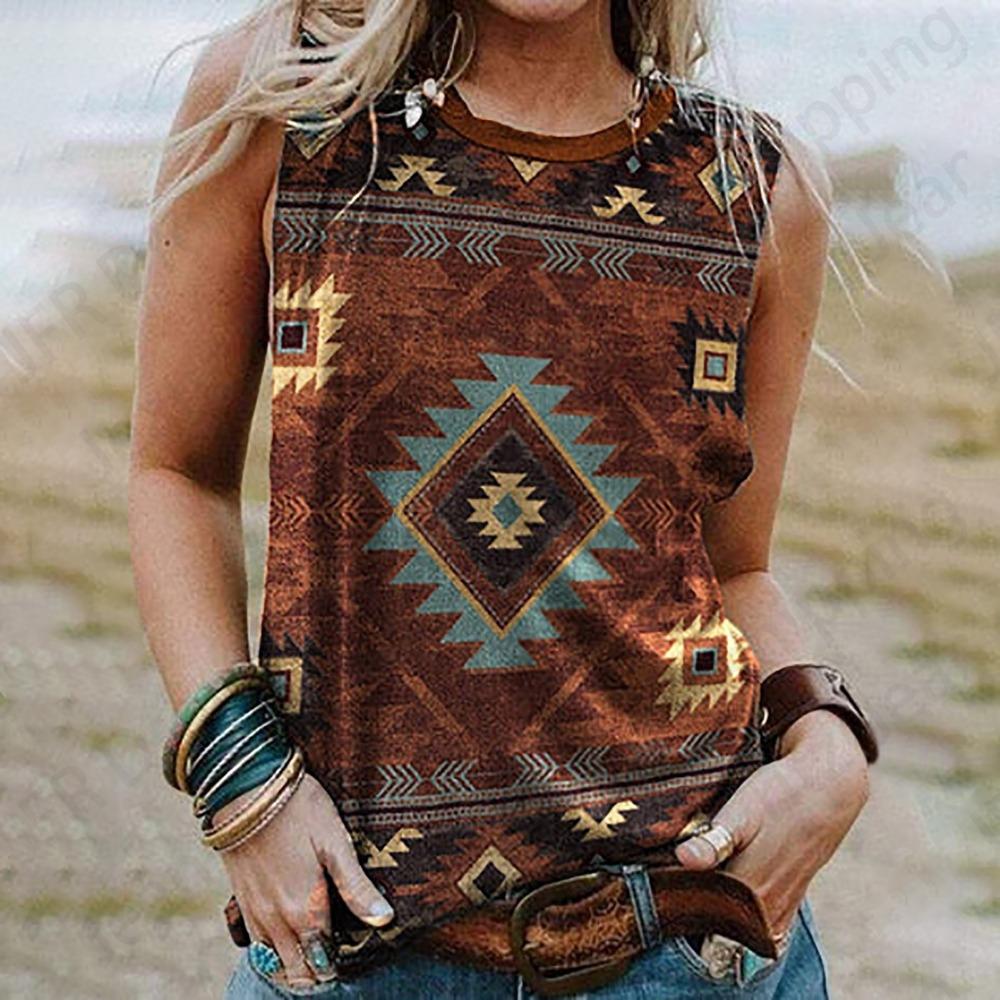 Women's Vintage Sleeveless Tank Top with Colorful Feather Print - 2026 Casual Crew Neck