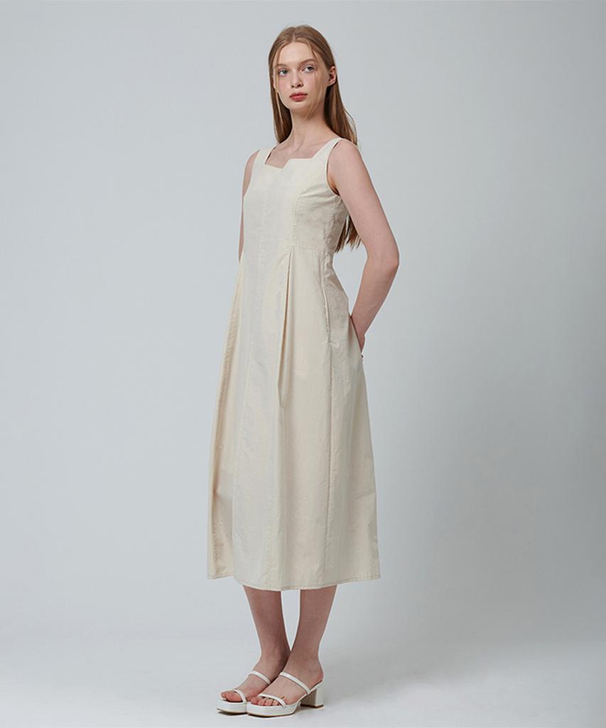 Pin Black Square Neck Pintuck Sleeveless Dress Beige
