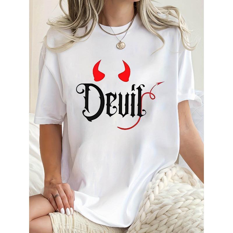 European Size Women'S Casual Crew Neck T-Shirt, Polyester Blend, Medium Stretch, Geometric Devil Horns Print, Short Sleeve Tee for All Seasons