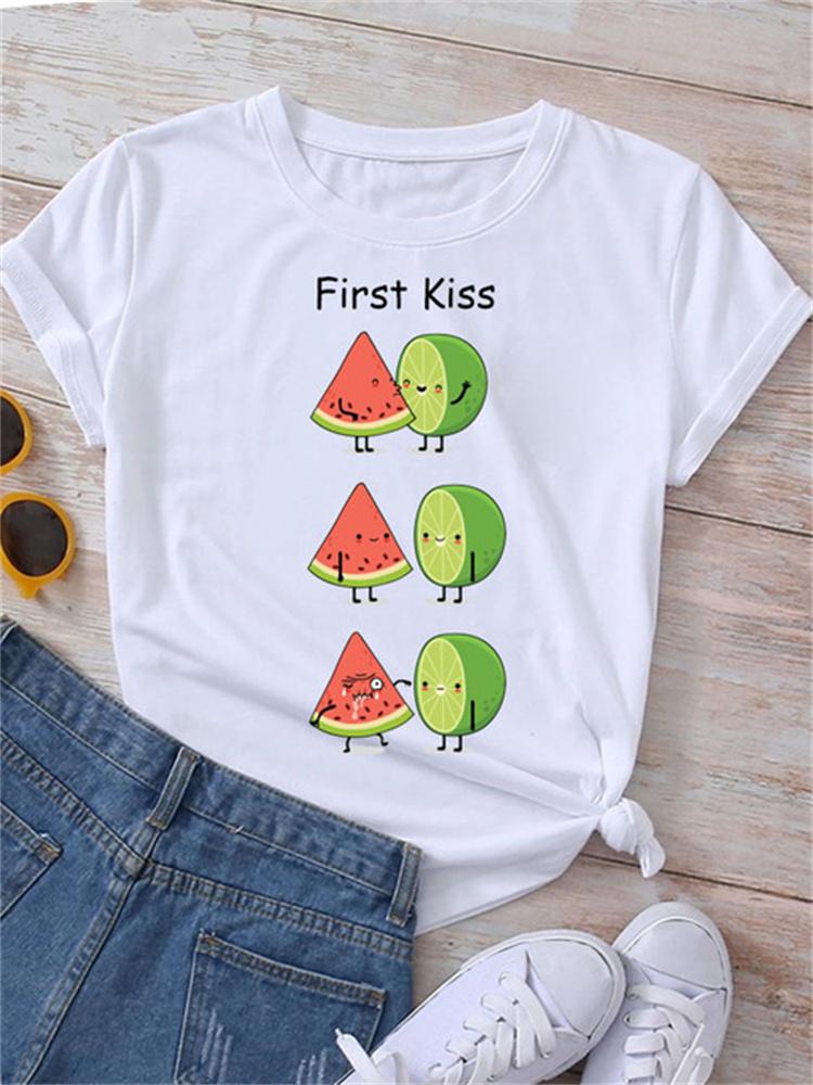 Maycaur Nieuwe Zomer Grappige Watermeloen Fruit Print Dames T-shirt Harajuku Witte T-shirts Cartoon Casual Dames Tops Vrouwelijke Kleding