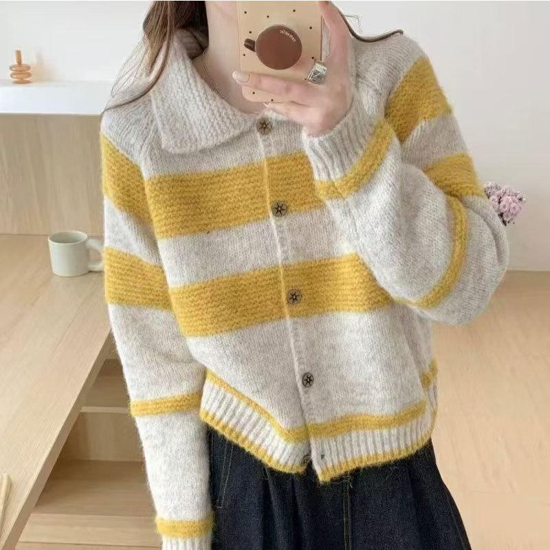 Korean Striped Knitted Sweater Coat for Women - Autumn/Winter Loose Cardigan Style