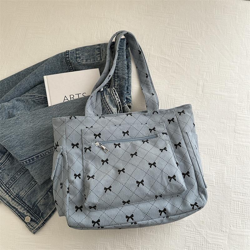 Sac à Bandoulière Doux Bow Diamd pour Femmes en Velours Côtelé Sacs de Shopping Rétro pour Femmes Sacs Fourre-tout de Voyage Multi-poches pour Dames Sacs à Main