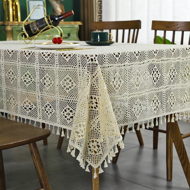 Elegant Hollow Lace Table Cloth Nordic Pastoral Crochet Dining Napkins Wooden Table Cover with Tassel