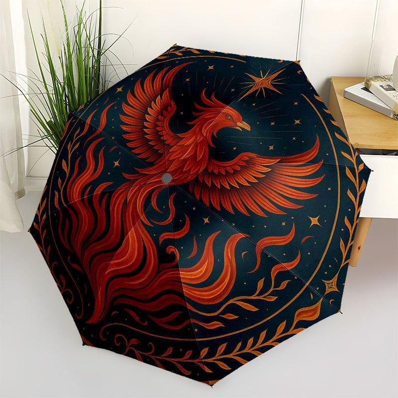 Phoenix Rising: Mystical Circular Artwork Umbrella, Portable 3-Fold Compact Umbrella for Men & Women R148