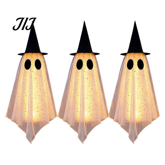 Garden Haunted House Accessories 3 Pcs Halloween Hanging Ghost Decoration, Spooky Large Mesh Easy Storage Props with Witch Hat for Porch, Yard,