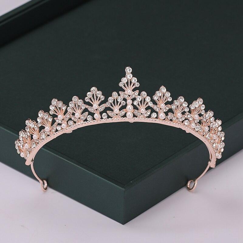 Rose Trendy Color Gold Tiaras And Crowns Pearl Crystal Princess Diadems Sale Queen Wedding Bridal Hair Accessories Headpiece