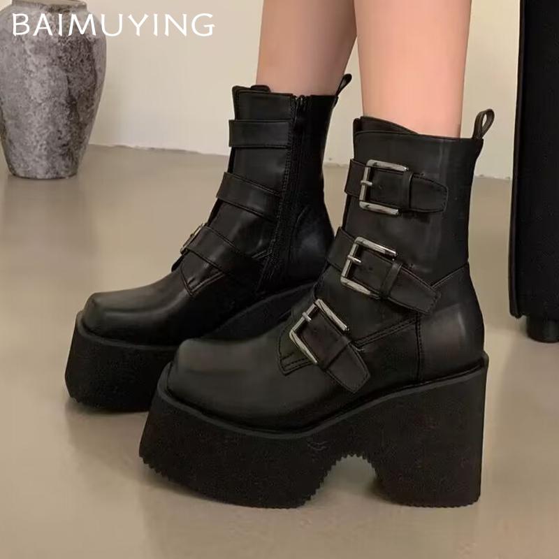 Square Toe Women Platform Ankle Boots High Heels Designer Buckle Shoes  Trend Winter Pumps Motorcycle Boots Goth Botas Mujer
