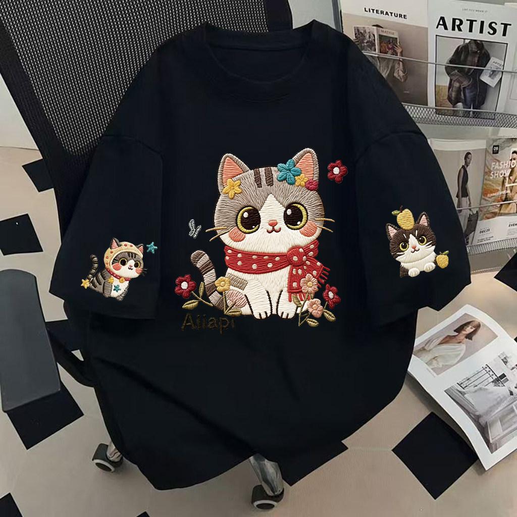 Women's O Neck Short Sleeve Tee Loose Fit Korean Style Cartoon Cat Embroidery Casual Top