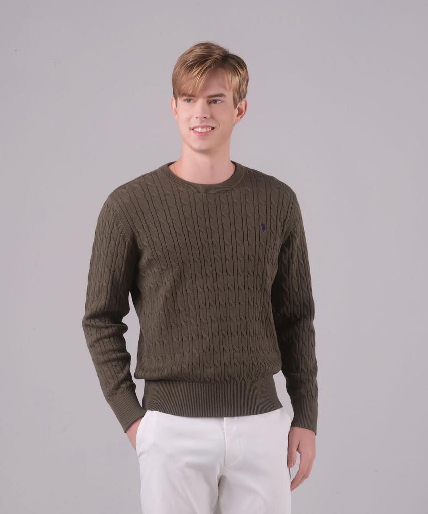 USPOLOASSN Cotton Long Sleeve Cable Round Knit_Khaki
