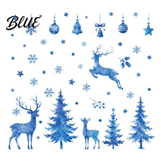 Fresh Watercolor Style Window Art Christmas Sticker Non Adhesive Blue Elk Snowflake Tree Removable PVC Holiday Decorations Wall Decal Static