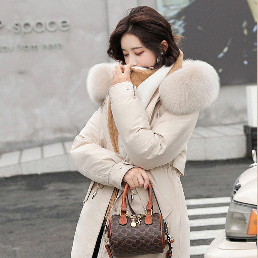 Women's Beige Plus Velvet Padded Winter Down Coat Jacket Parkas Outdoor Fur Collar For Women Korean Clothes Streetwear