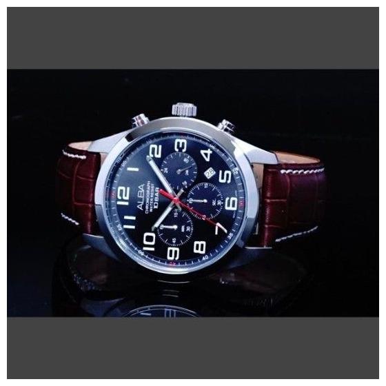 Used Seiko overseas model ALBA chronograph watch 10BAR brown leather band black
