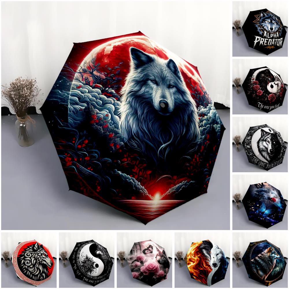 1pc Wolf Theme Pattern Umbrella Portable Folding Umbrella Iron Frame Hole Bone Structure Outdoor Home Umbrella