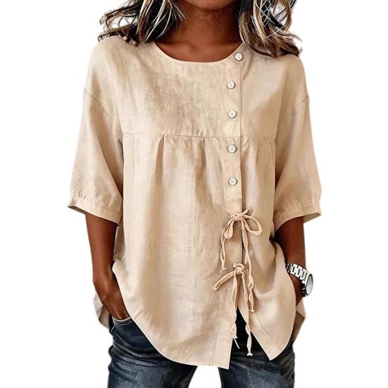 Women Tops Round Neck Short Sleeves Buttons Decor Pullover Tops Pure Color Loose Fit