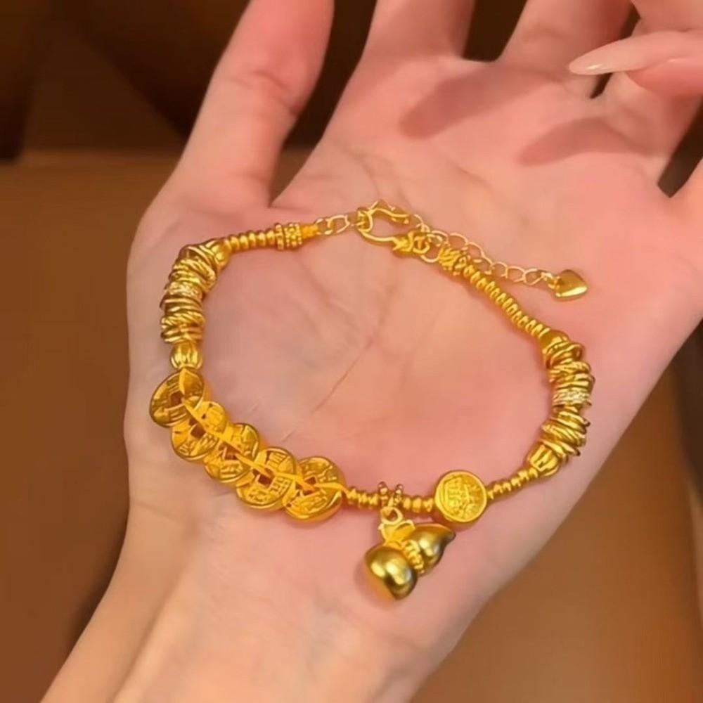 Brushed Finish Coin Pendant Bracelet Gold Color Gourd Bracelet Chinese Style Bracelet  For Women