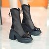 Mode 2025 Sommer Neue Mode Runde Spitze Hoher Absatz Wasserdichte Plateau Dicke Sohle Kurze Stiefel Mesh Lässige Damenstiefel Runde Zehe