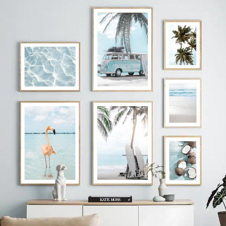 Beach Surfboard Van Palm Leaf Wave Coconut Wall Art Print Canvas Painting Flamingo Nordic Poster Wall Pictures Living Room Decor