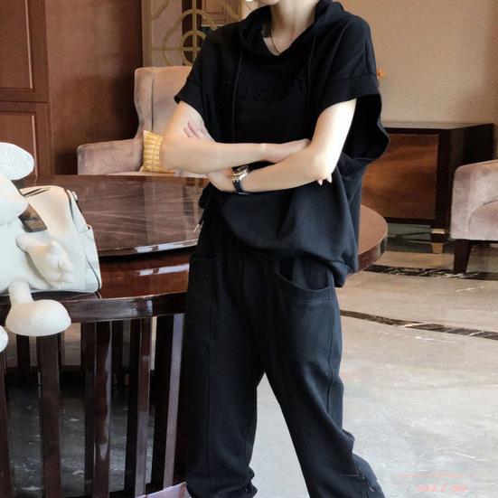 Set di pantaloni con cappuccio da 2 pezzi / set Set di pantaloni con cappuccio a maniche corte in tinta unita con coulisse Tasche in vita elastiche con cappuccio Sciolto alla caviglia Set di pantaloni casual da donna