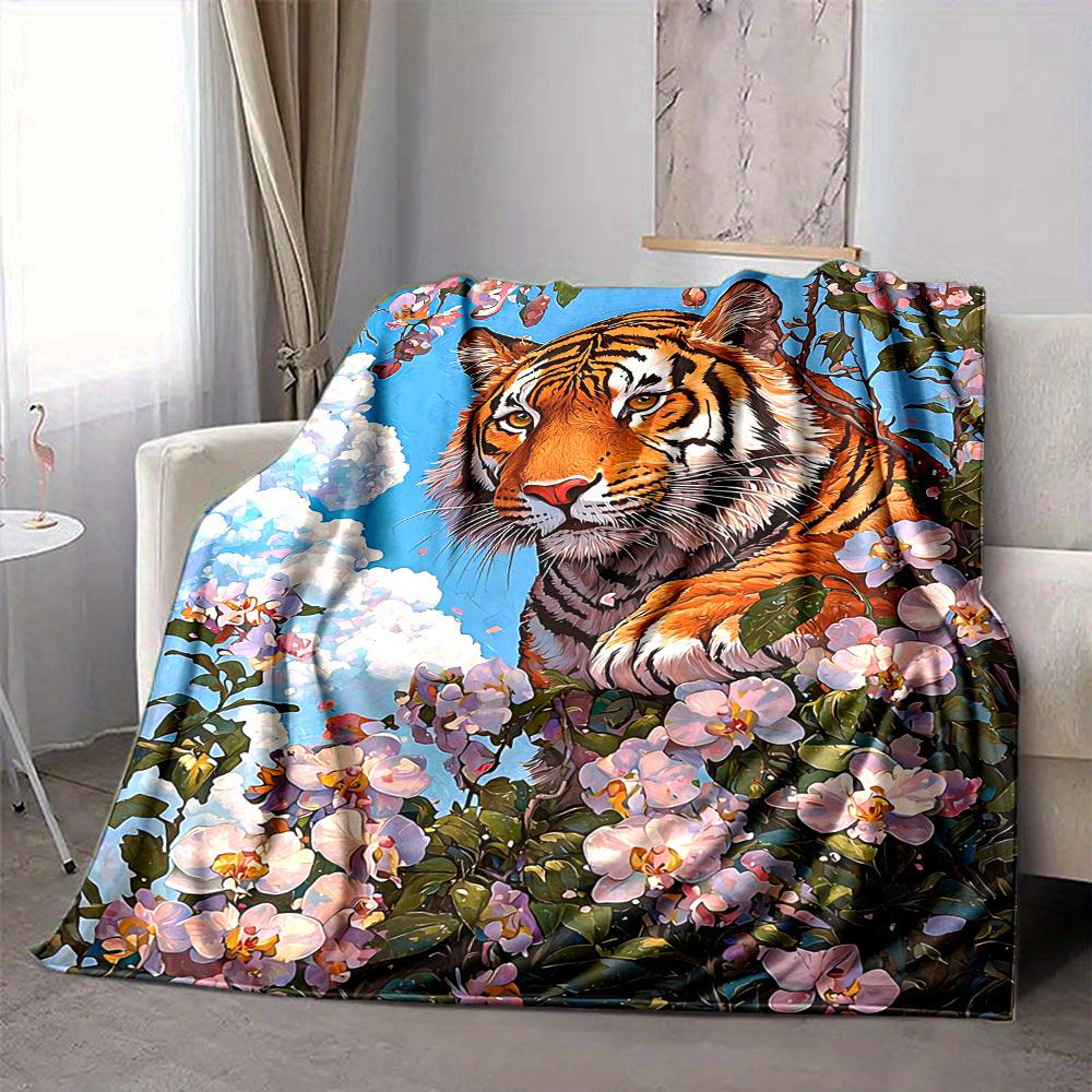 1PC Tiger Floral Print Print Blanket, Soft Throw Blanket - Warm & Cozy for Couch, Bed, Office, and Travel , Christmas present yy250912232