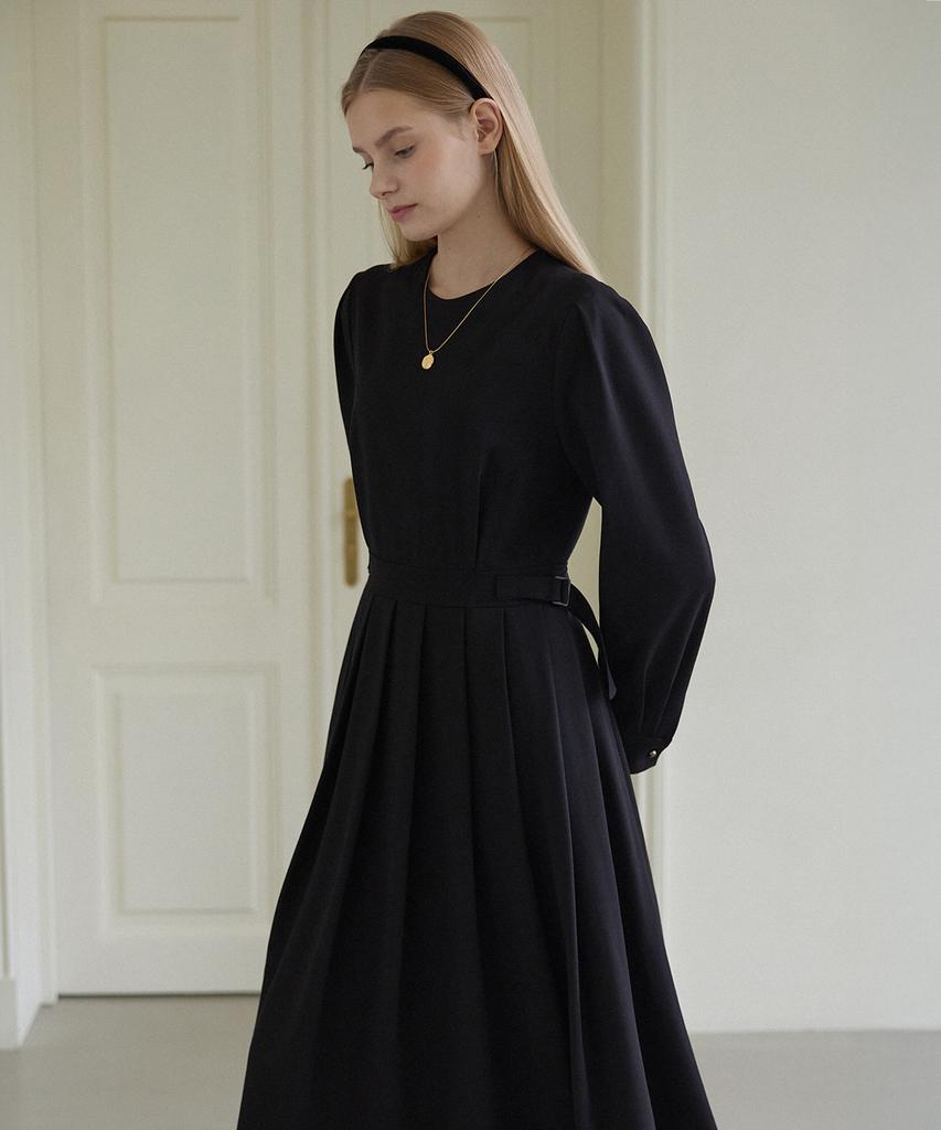 Nonlocal Round Belted Pleats Dress - Black