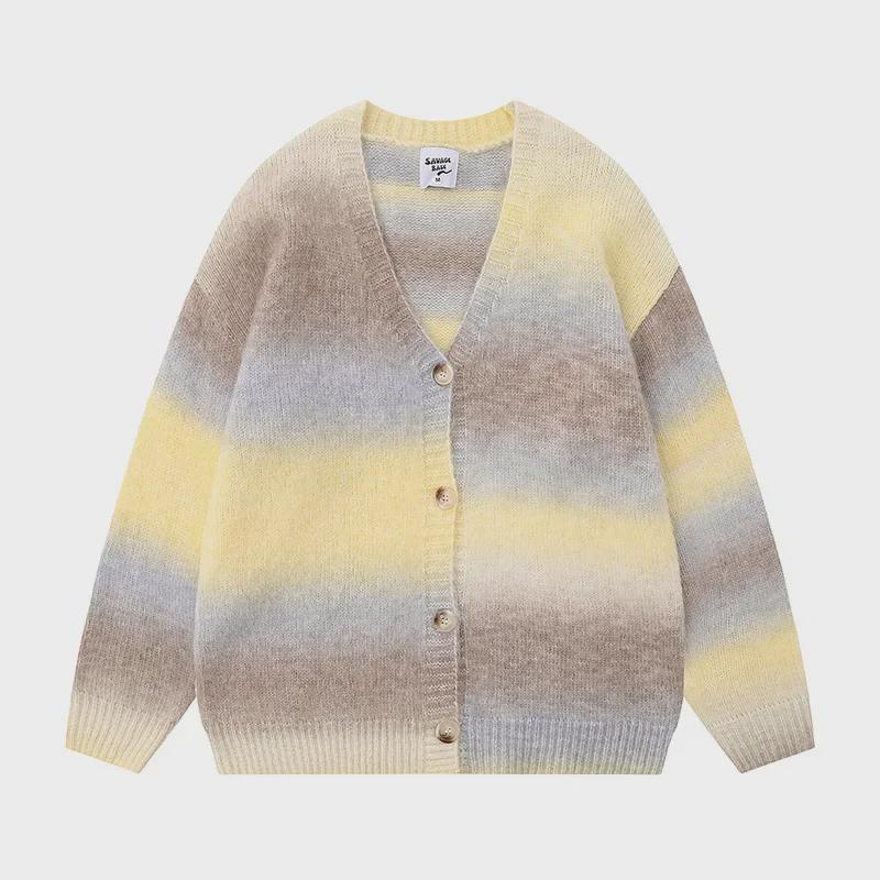 Unisex American Retro Striped V-Neck Sweater Jacket - Casual Autumn College Style