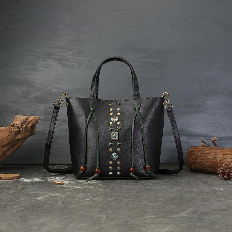 Johnature Cowhide Woven Handbag Genuine Leather Women's Bag Retro Rivet Large Capacity Shoulder Bags