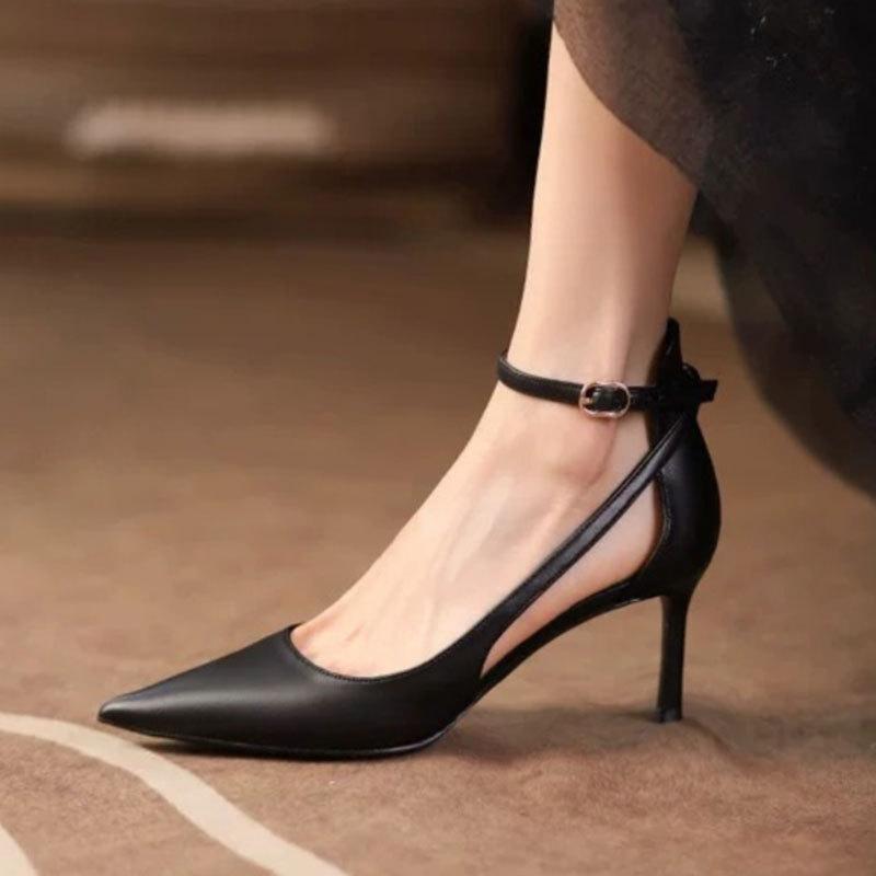 2025 Spring New Popular Single Shoes Light Mouth Women's Shoes Nude Pointed Thin Heel Elegant One-word Buckle High Heels