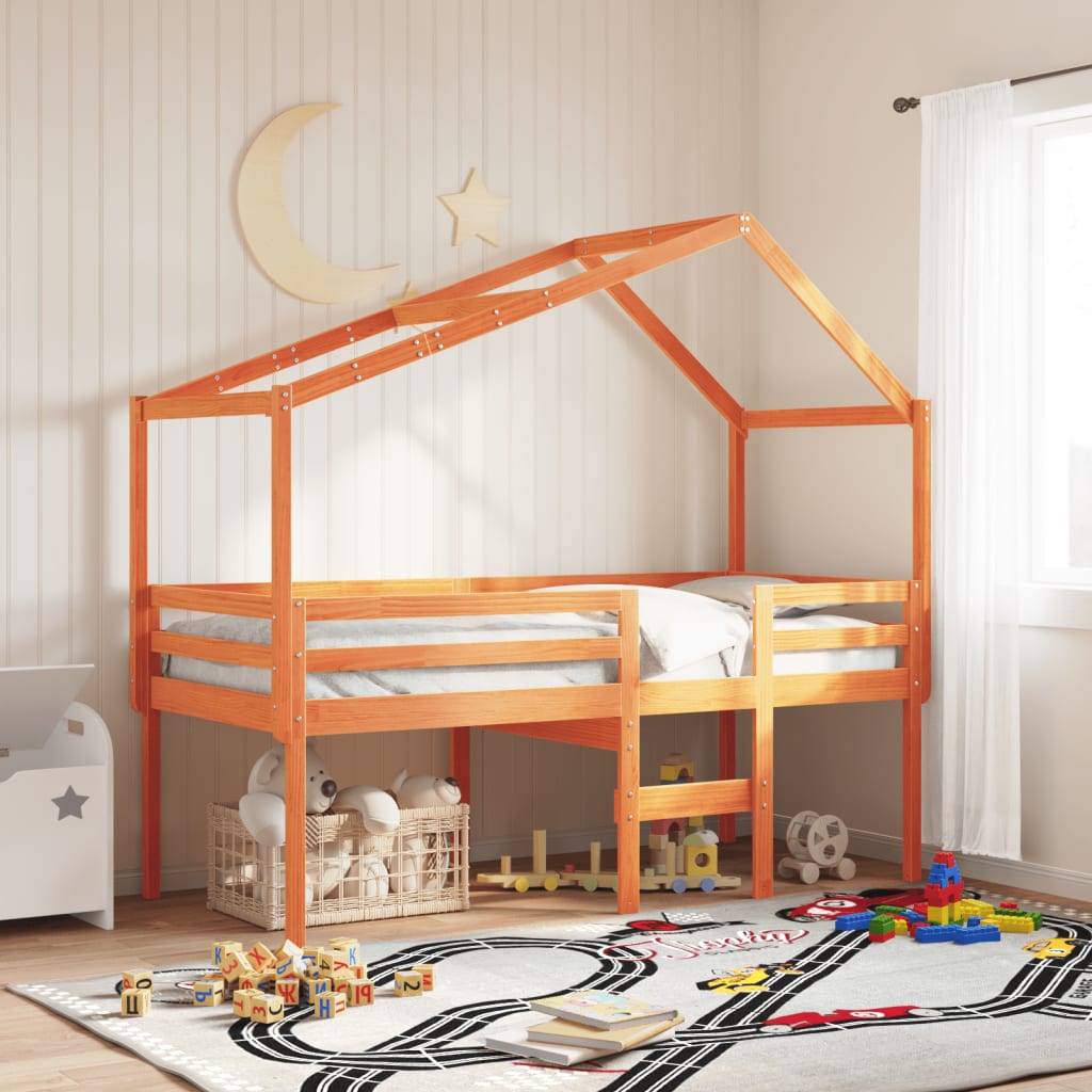 High Bed with Roof Wax Brown 90x200 cm Solid Pine Wood
