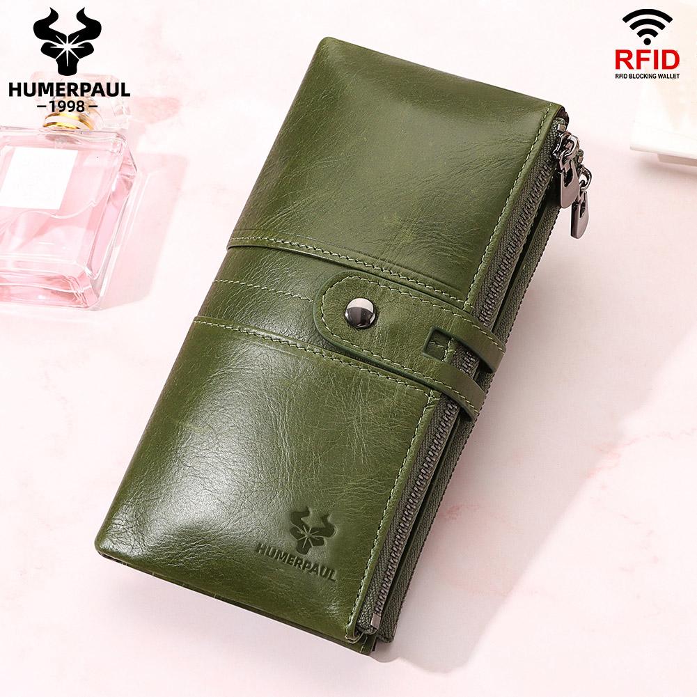 Humerpaul Genuine Leather Women Long Wallet RFID Blocking Multifunction Slim Hasp Purse Card Case