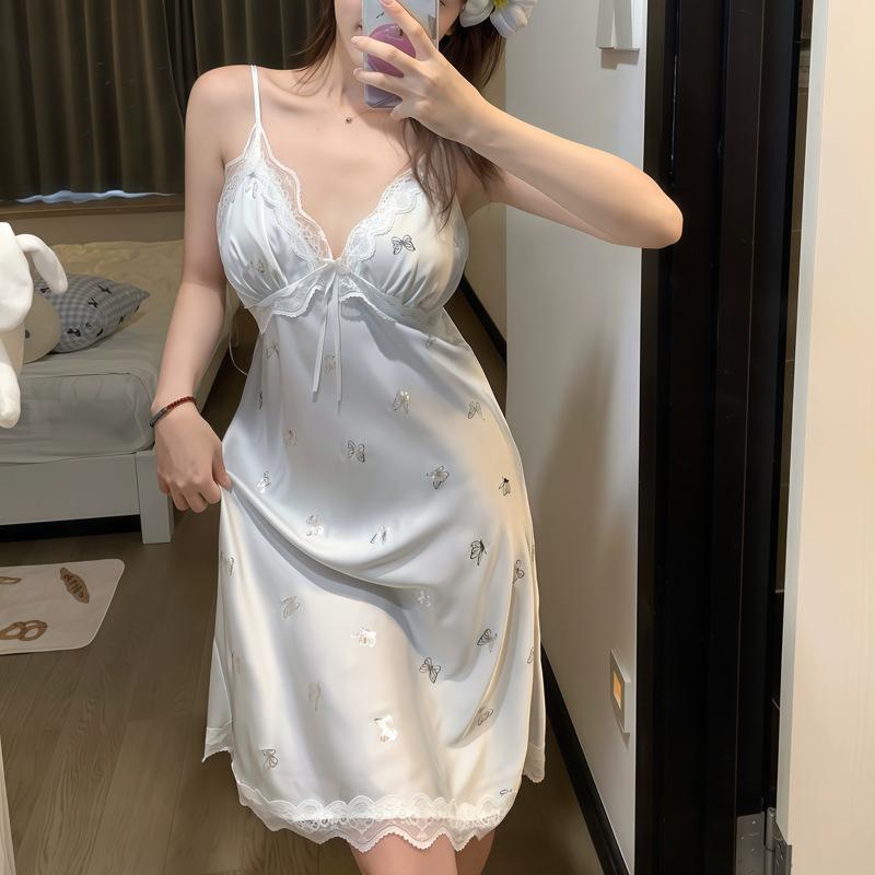 Live Stream Ice Silk Pajamas Suspenders Sexy Nightgown Lace Spring and Summer Thin Simulated Silk Hot Silver Butterfly Loungewear