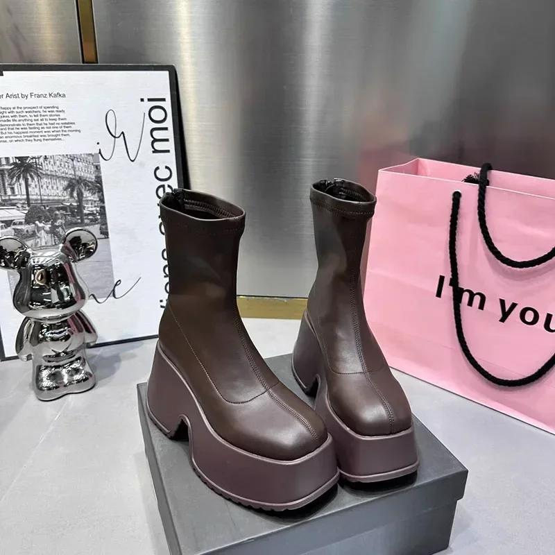 Fashion 2024 Winter Punk Boots Women Shoes Fashion Back Zippers High Heel Thick Sole Shoes Ladies Elegant Bootties Platform Boots