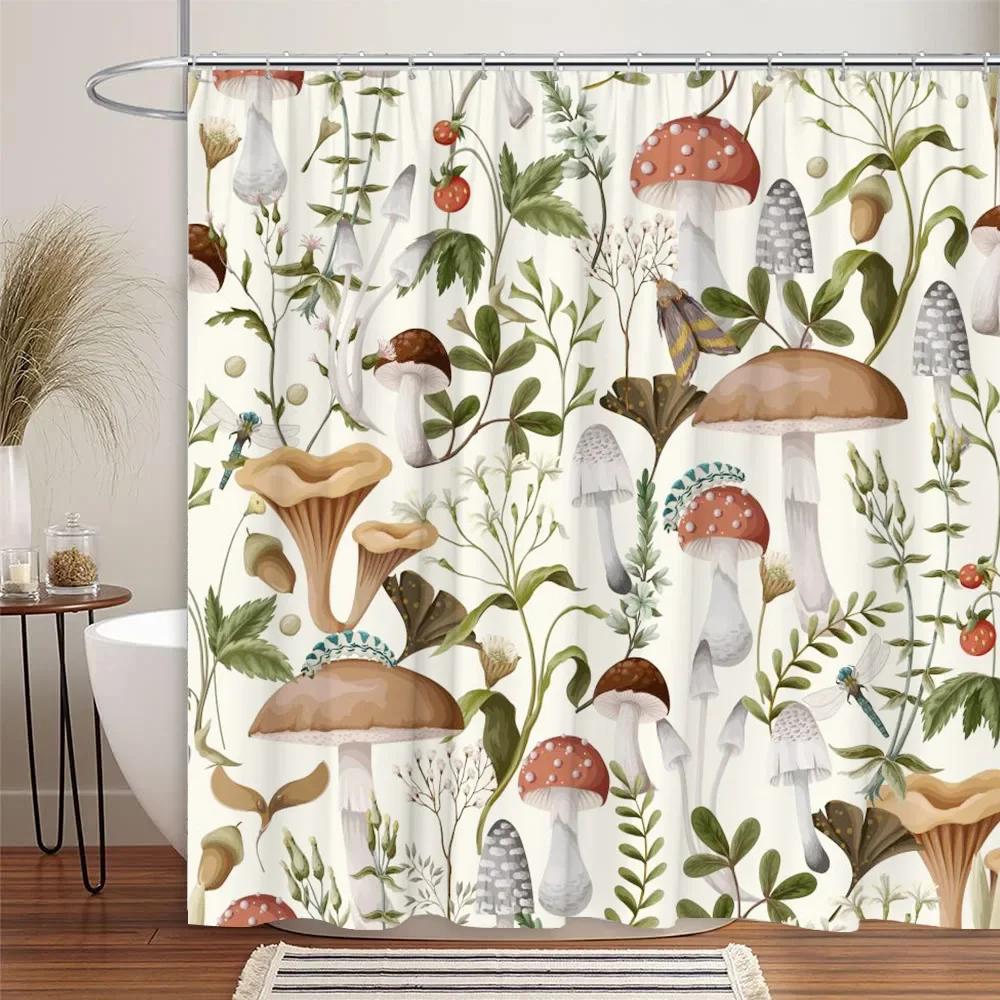 Vintage Pilz Duschvorhang Böhmisch Botanisch Schmetterling Tierwelt Blatt Blume Polyester Stoff Badezimmer Dekor Vorhänge Set