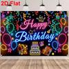2D Black Neon Birthday Backdrop "Happy Birthday" with Glowing Party Icons for Night Party Decoration
