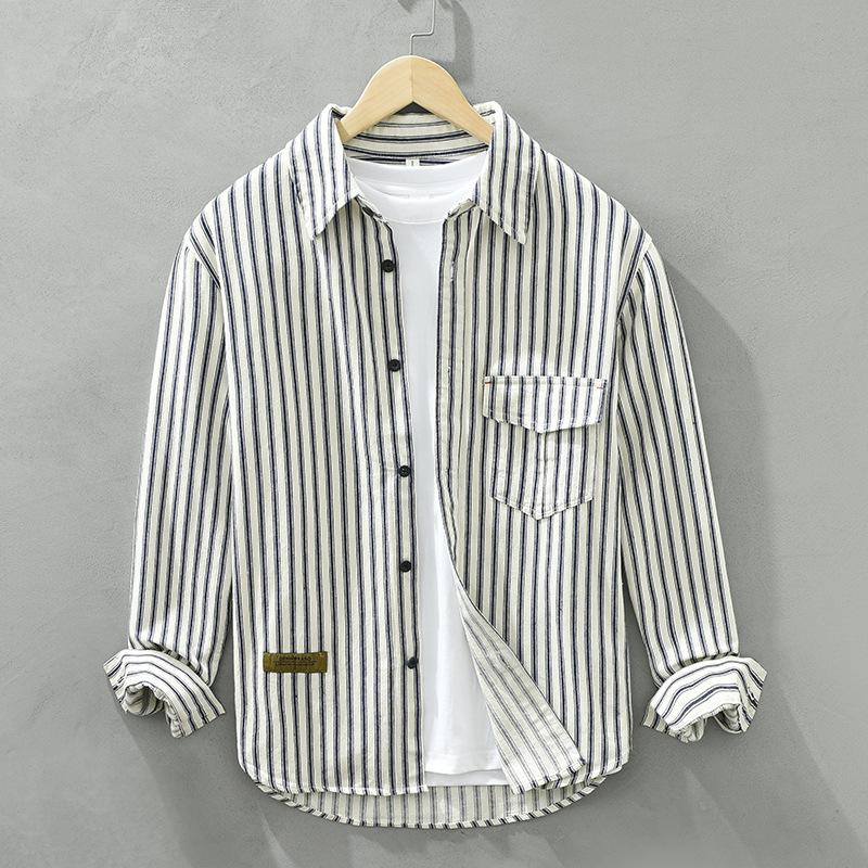 Japanese Retro Style Long Sleeve Striped Shirt Men Youth 100cotton Casual Loose Shirts with Pocket Spring/Autumn Men Clothing