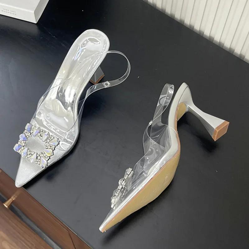 Fashion Eilyken Spring Square CRYSTAL Women Pointed Toe Pumps Sandals High Heels PVC Transparent Party Prom Shoes