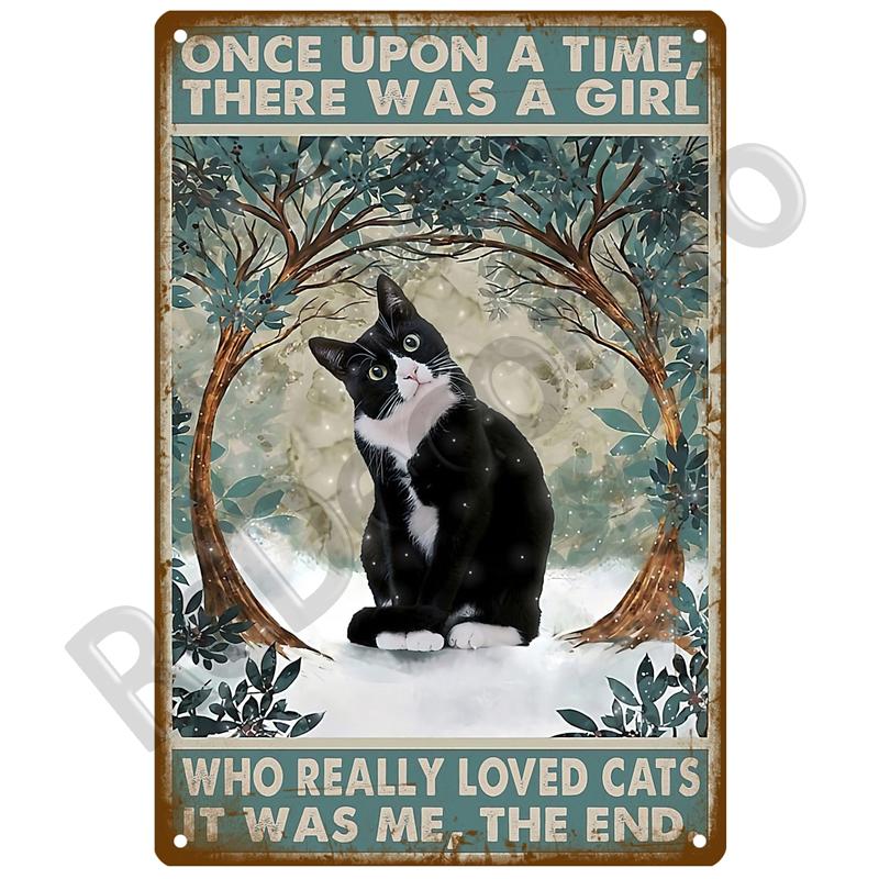 Poster Métal Vintage Chat Noir Rétro Chien Drôle Art Mural Panneau Animal de Compagnie Café Peinture Murale Plaque Métallique Panneau en Étain Plaque Décoration de Salle de Bain Maison