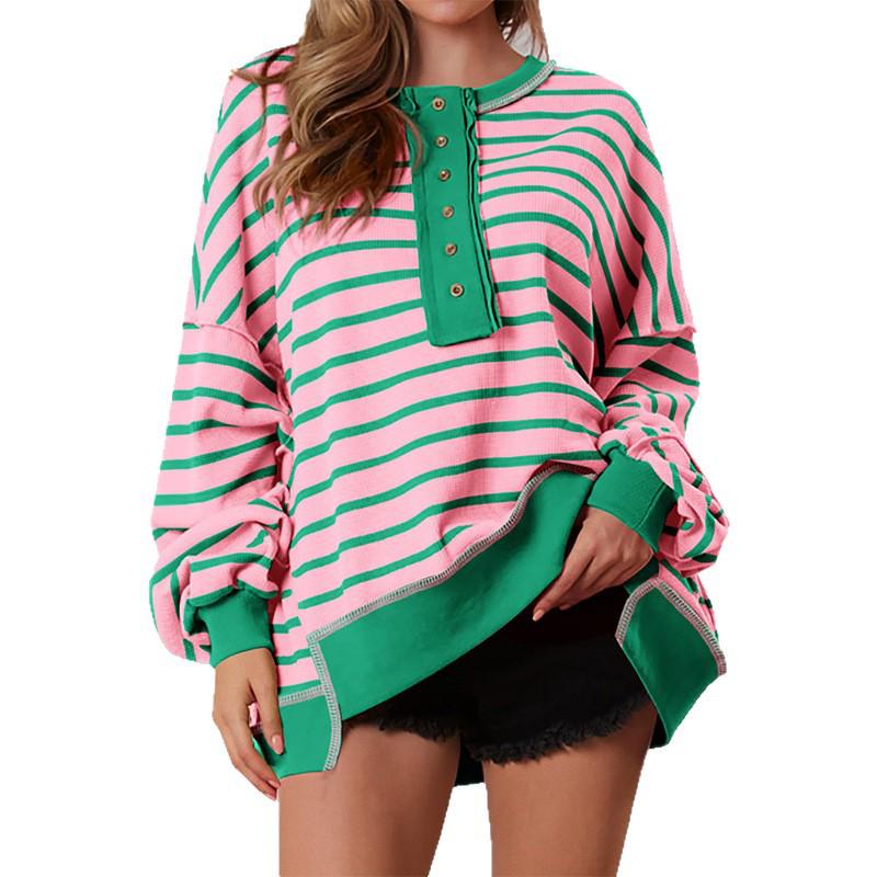 Color Block Long Sleeve Striped Button-Up Casual Sweater for Women - Autumn/Winter