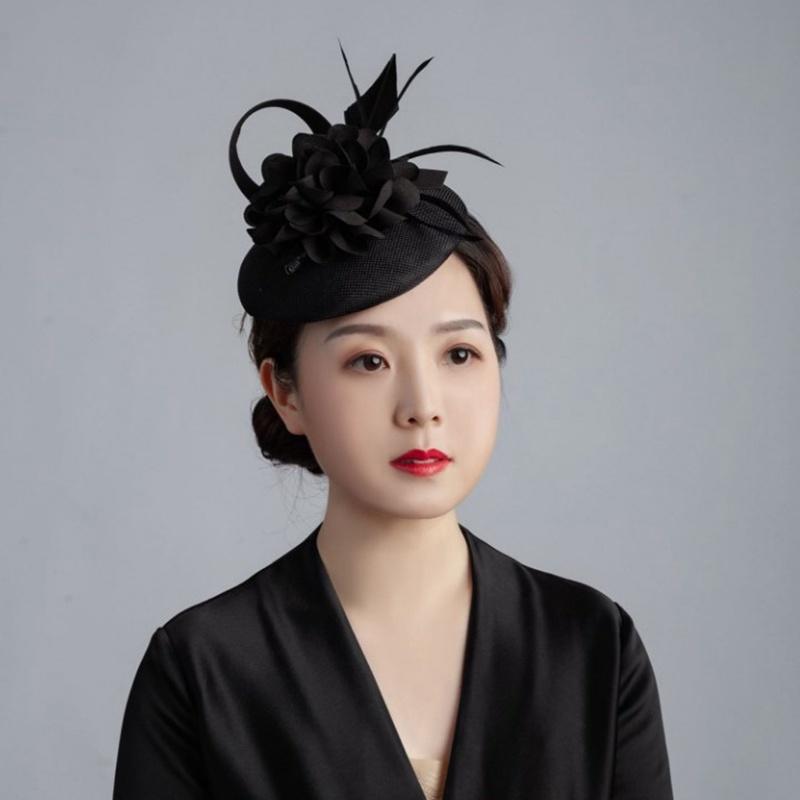 Women Formal Fedora Hat Mariage Bride Hairpins Ladies Elegant Feathers Fascinators Headband Church Sinamay Hat