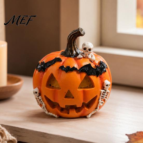Detailed Resin Sculptures Halloween Pumpkin Ghost Bat Skull Figurine, Cute Retro Dark Home Accents Tabletop Ornaments for Party Shelf Mantels