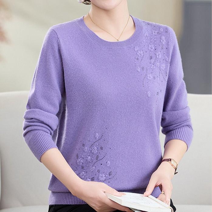 Women's Plus Size Wool Sweater Loose Fit Rhinestone Embroidery Knit Pullover Sweater Solid Color Soft Knit Top