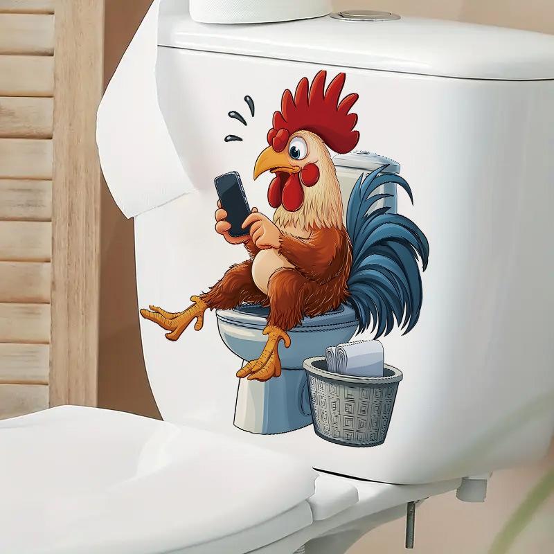 Lustiger Cartoon-Hahn spielt Smartphone Toilettenwandaufkleber Selbstklebend Wasserdicht Abnehmbar Badezimmer Heimdekoration Kunst