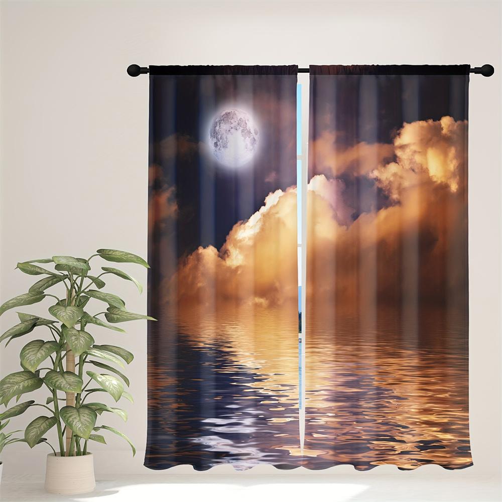 Night Moon Galaxy Blue Cloud Shine Stars Starry Window Curtain For Living Room Kids Bedroom Bathroom Kicthen Door Home Decor2pcs