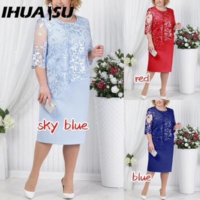 S-5XL Knee-length Party Dress with Lace Top and Applique On The Hem
