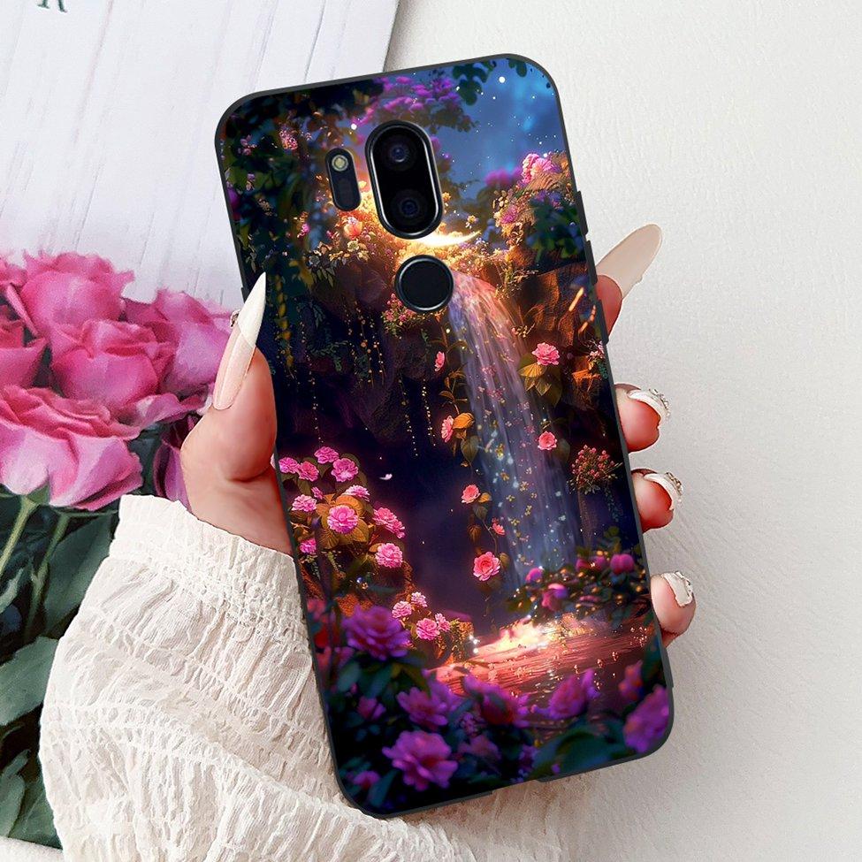 För LG G7 ThinQ Fodral Svart Silikon Söt Katt Mode Blommor Cool Målad Baksida För LG G7ThinQ Telefonfodral LMG710EM
