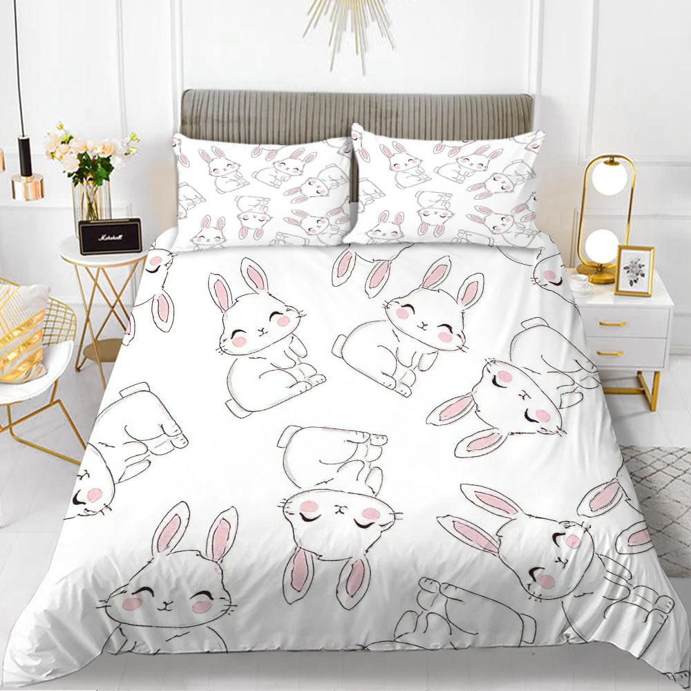 Kaninchen Bettbezug Set Cartoon Tiere Thema 3D Druck Kawaii Niedlich Rosa King Queen Größe Für Kinder Mädchen Frauen Polyester Bettwäsche Set