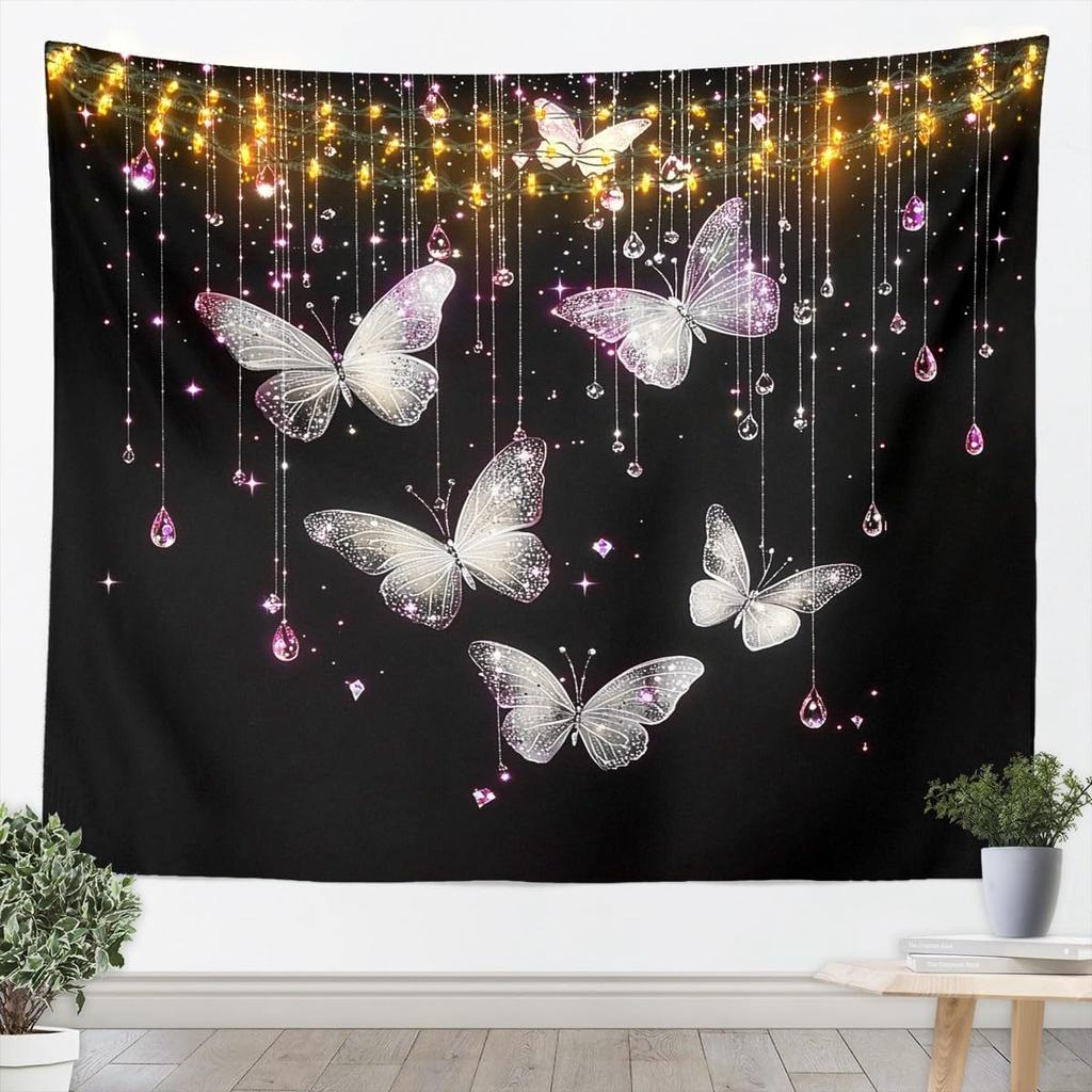 Butterfly Tapestry Glitter Diamonds Print Wall Art Luxury Elegant Blue Wall Hanging Blanket for Living Room Bedroom Home Decor